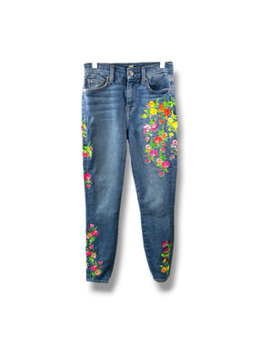 7 For All Mankind High Waist Ankle Skinny Jeans in Blue Embroidered Size 25